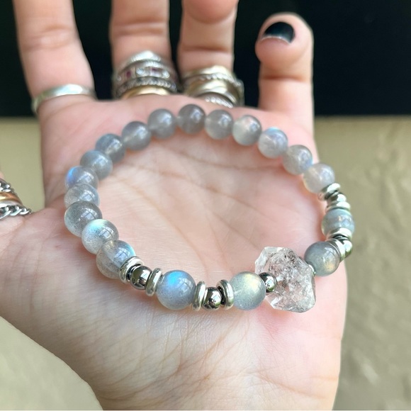 Herkimer diamond iridescent labradorite boho bead crystal quartz gems bracelet - Picture 7 of 16